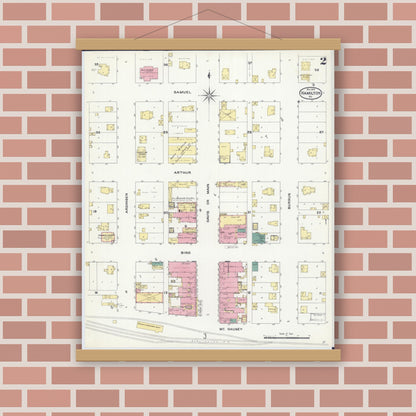Old map wall art mockup — magnetic wood frame on brick wall — Sanborn Fire Insurance Map from Hamilton, Caldwell County, Missouri (1909), Sheet #0002