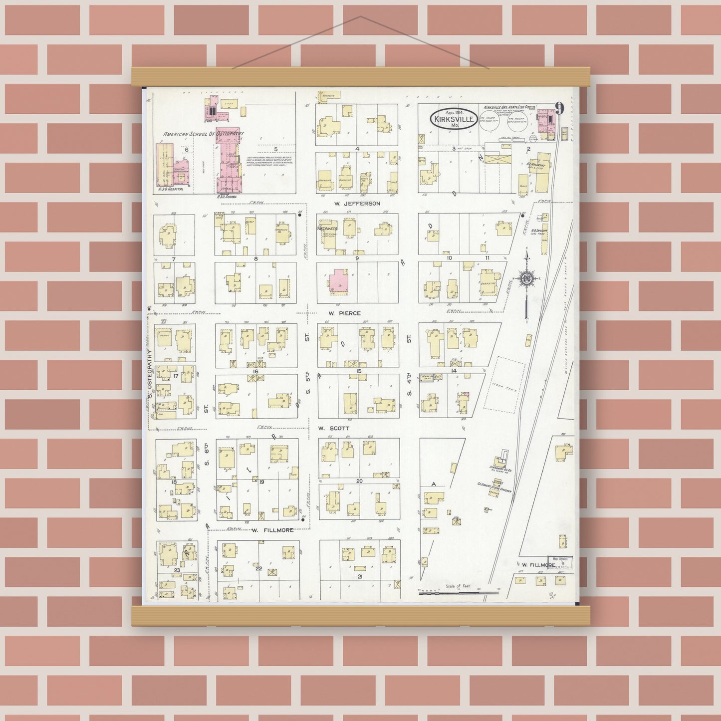 Old map wall art mockup — magnetic wood frame on brick wall — Sanborn Fire Insurance Map from Kirksville, Adair County, Missouri (1914), Sheet #0009