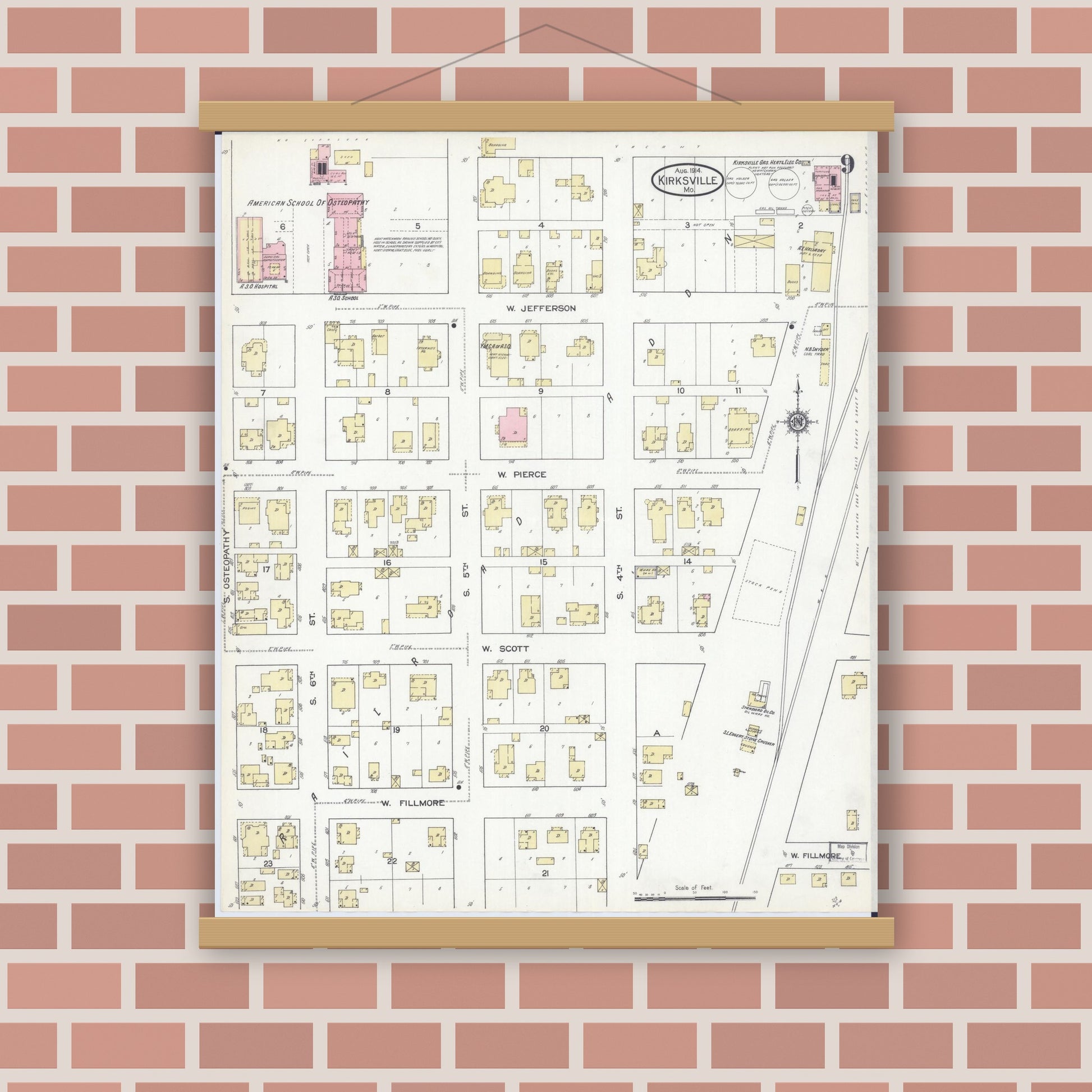 Old map wall art mockup — magnetic wood frame on brick wall — Sanborn Fire Insurance Map from Kirksville, Adair County, Missouri (1914), Sheet #0009