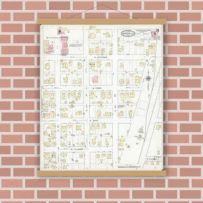 Old map wall art mockup — magnetic wood frame on brick wall — Sanborn Fire Insurance Map from Kirksville, Adair County, Missouri (1914), Sheet #0009