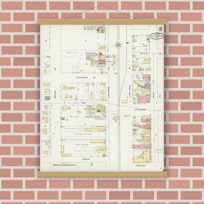 Old map wall art mockup — magnetic wood frame on brick wall — Sanborn Fire Insurance Map from Cuero, De Witt County, Texas (1896), Sheet #0003