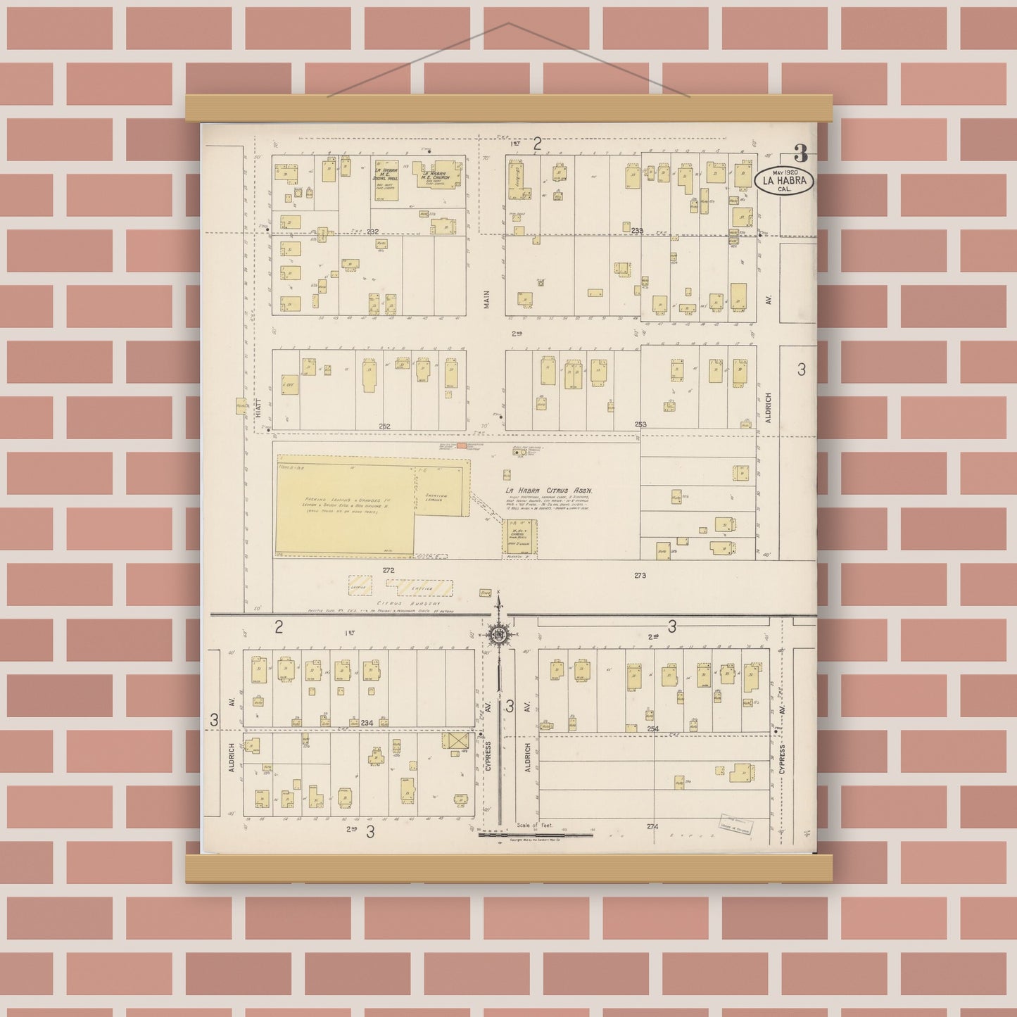 Old map wall art mockup — magnetic wood frame on brick wall — Sanborn Fire Insurance Map from La Habra, Orange County, California (1920), Sheet #0003