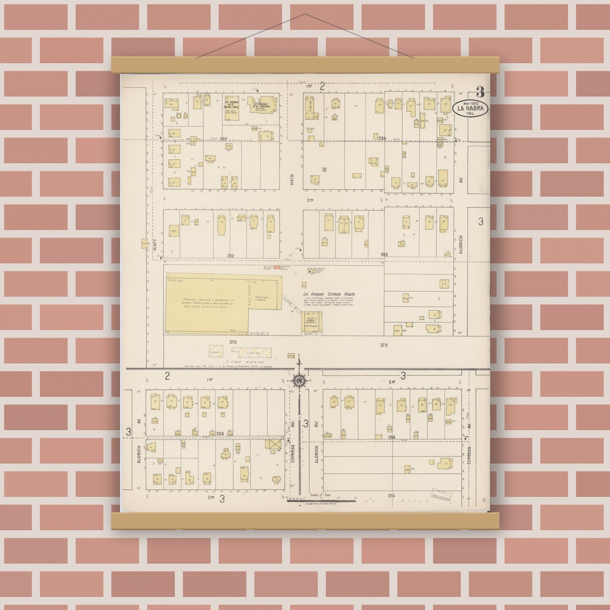 Old map wall art mockup — magnetic wood frame on brick wall — Sanborn Fire Insurance Map from La Habra, Orange County, California (1920), Sheet #0003