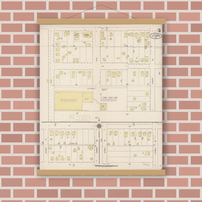 Old map wall art mockup — magnetic wood frame on brick wall — Sanborn Fire Insurance Map from La Habra, Orange County, California (1920), Sheet #0003