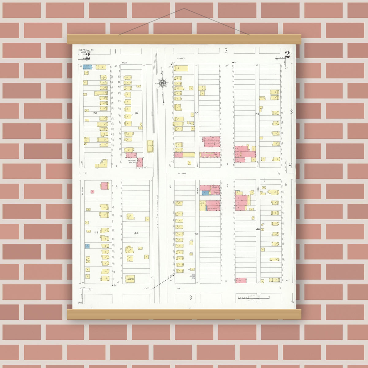 Old map wall art mockup — magnetic wood frame on brick wall — Sanborn Fire Insurance Map from Koppel, Beaver County, Pennsylvania (1934), Sheet #0002