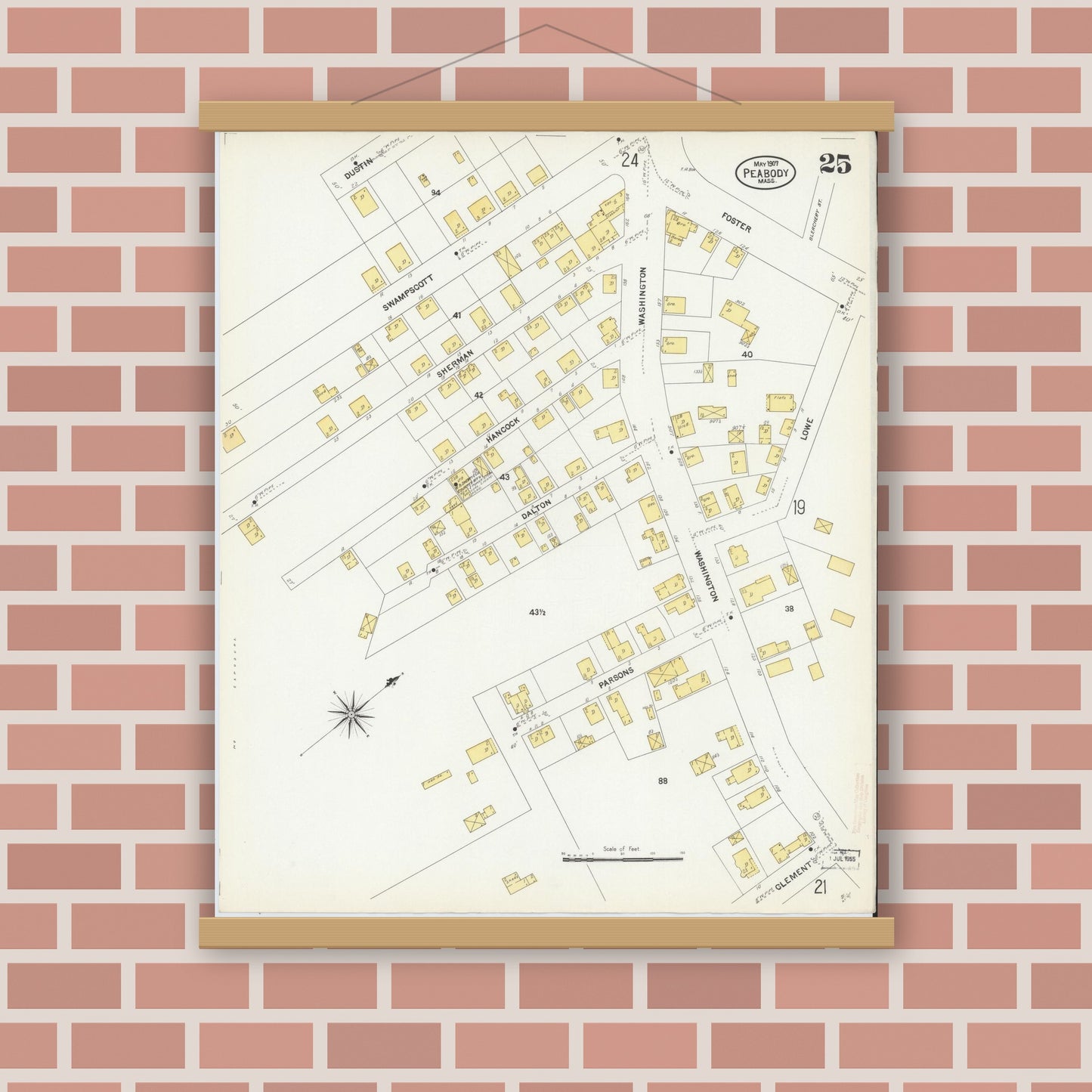Old map wall art mockup — magnetic wood frame on brick wall — Sanborn Fire Insurance Map from Peabody, Essex County, Massachusetts (1907), Sheet #0025