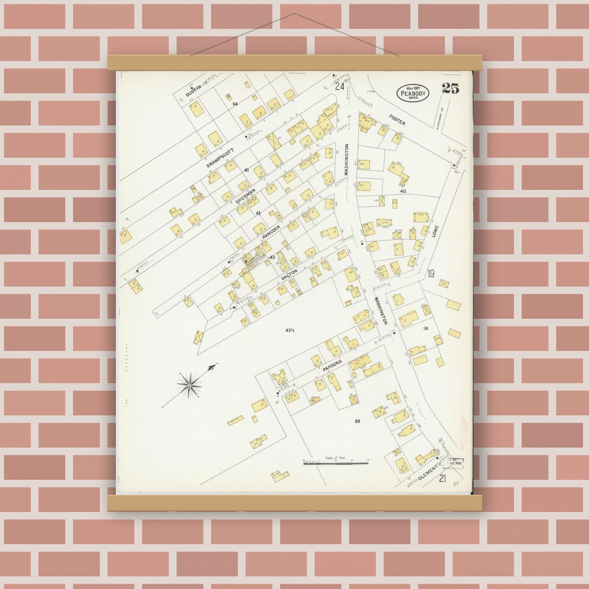 Old map wall art mockup — magnetic wood frame on brick wall — Sanborn Fire Insurance Map from Peabody, Essex County, Massachusetts (1907), Sheet #0025