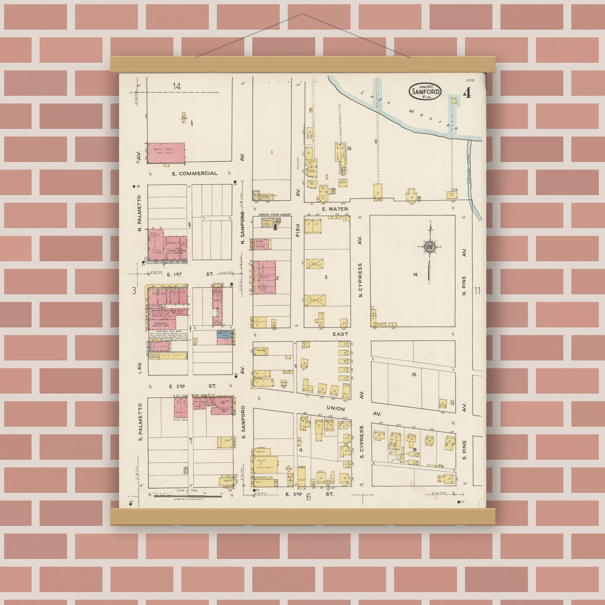 Old map wall art mockup — magnetic wood frame on brick wall — Sanborn Fire Insurance Map from Sanford, Seminole County, Florida (1922), Sheet #0004