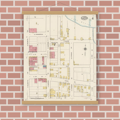 Old map wall art mockup — magnetic wood frame on brick wall — Sanborn Fire Insurance Map from Sanford, Seminole County, Florida (1922), Sheet #0004