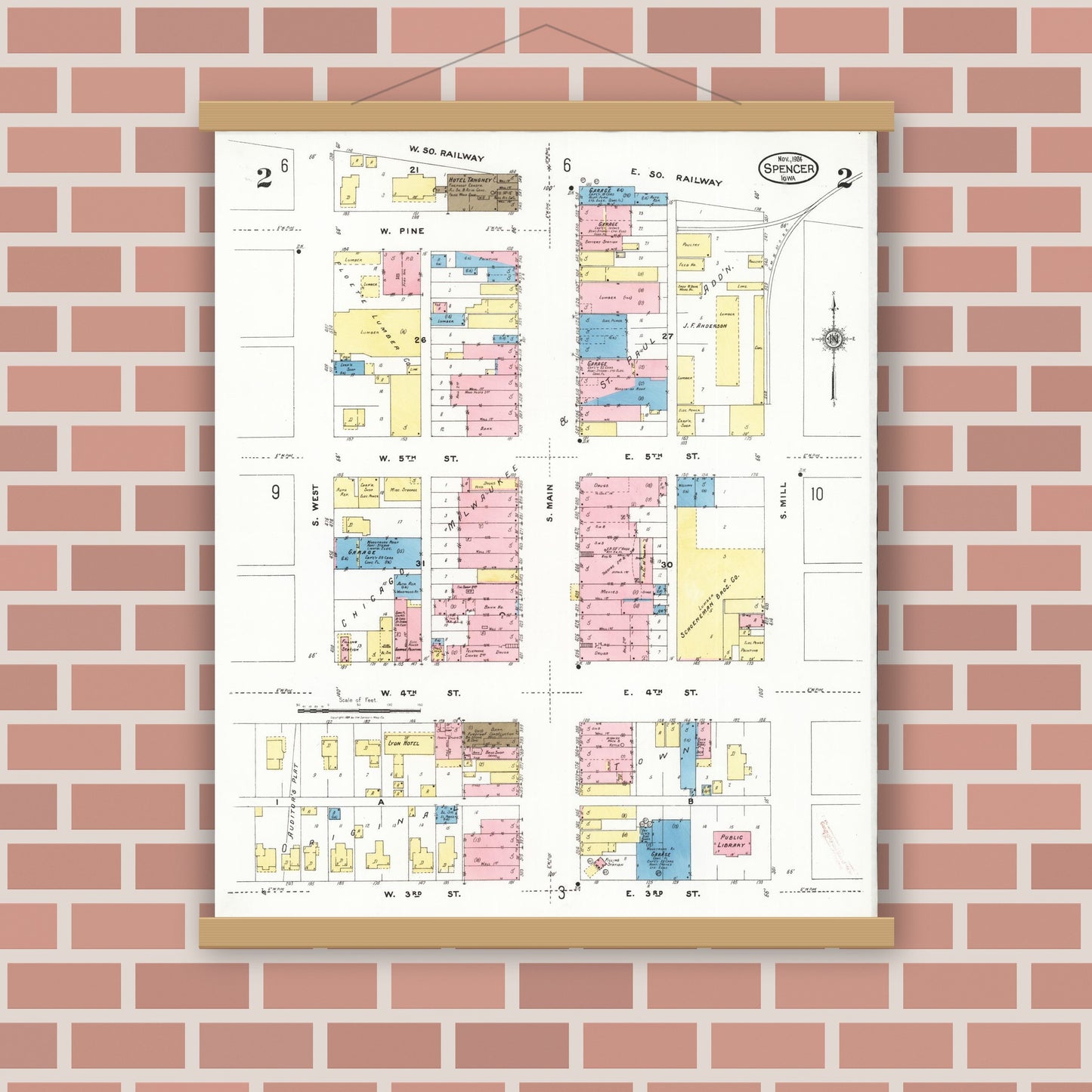 Old map wall art mockup — magnetic wood frame on brick wall — Sanborn Fire Insurance Map from Spencer, Clay County, Iowa (1924), Sheet #0002