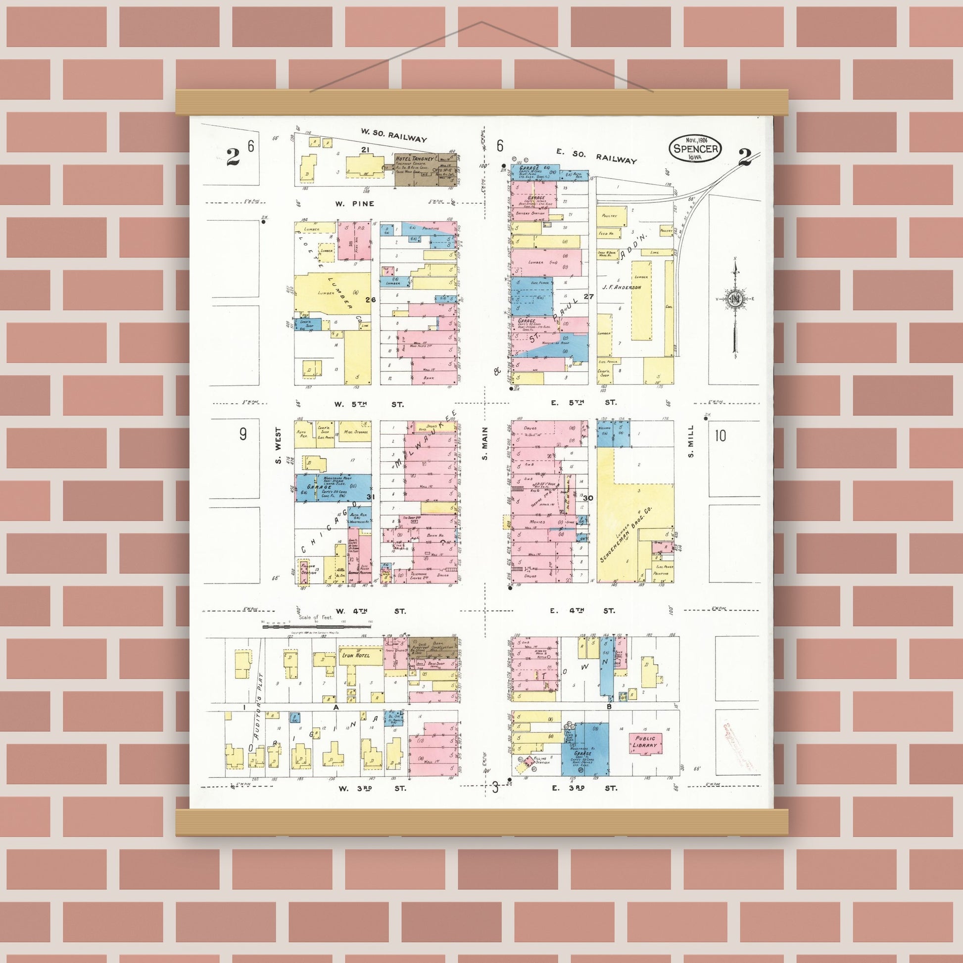 Old map wall art mockup — magnetic wood frame on brick wall — Sanborn Fire Insurance Map from Spencer, Clay County, Iowa (1924), Sheet #0002