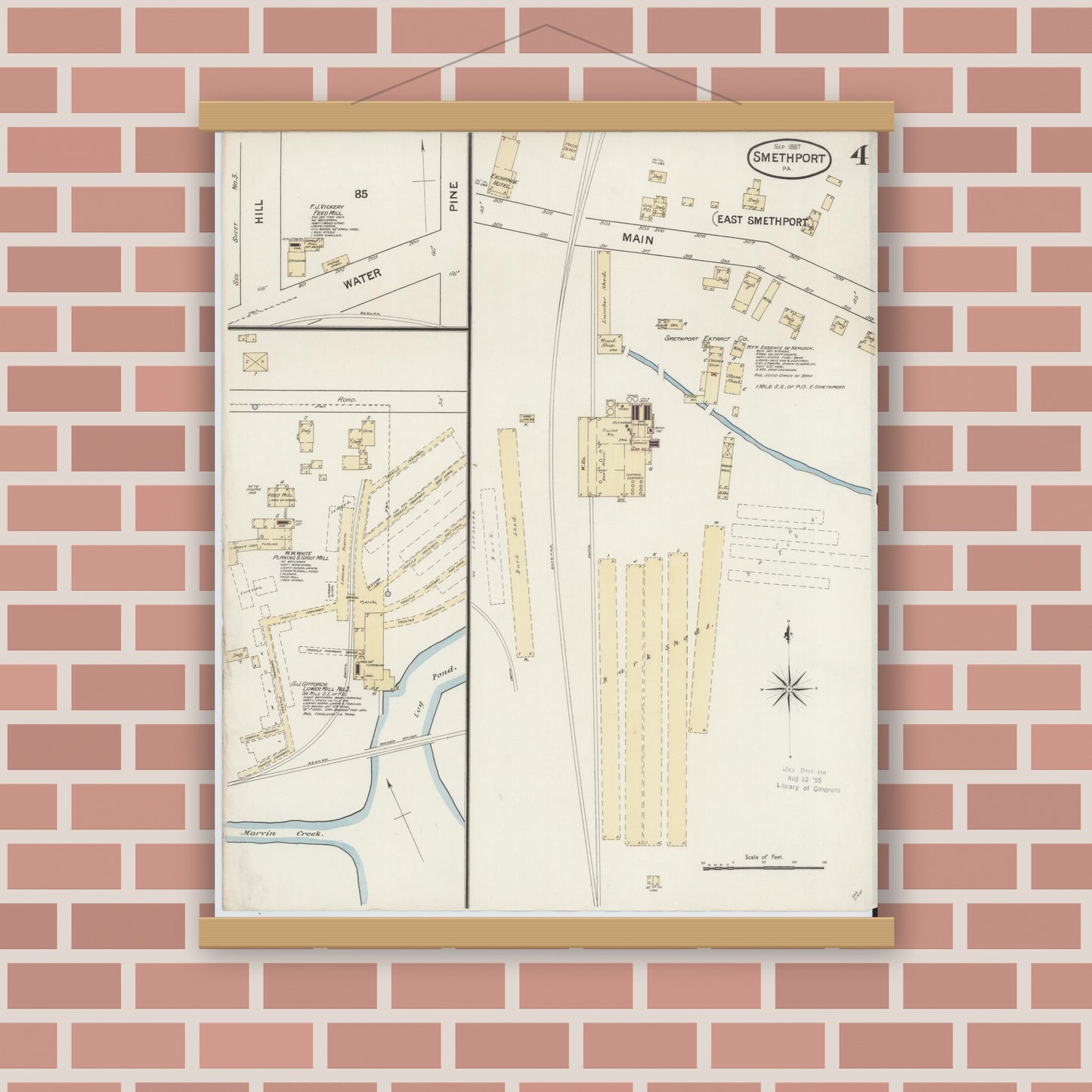 Old map wall art mockup — magnetic wood frame on brick wall — Sanborn Fire Insurance Map from Smethport, McKean County, Pennsylvania (1887), Sheet #0004