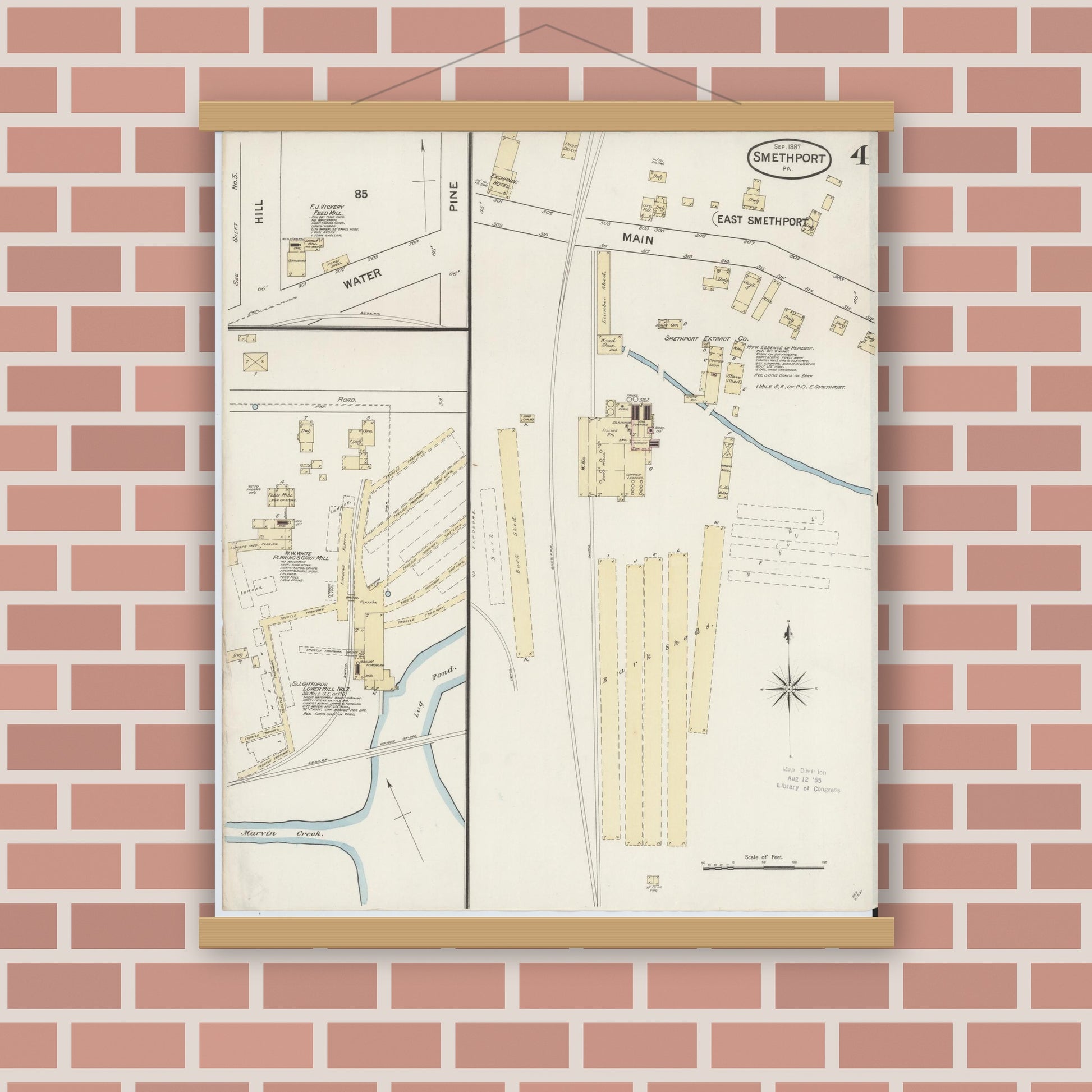 Old map wall art mockup — magnetic wood frame on brick wall — Sanborn Fire Insurance Map from Smethport, McKean County, Pennsylvania (1887), Sheet #0004