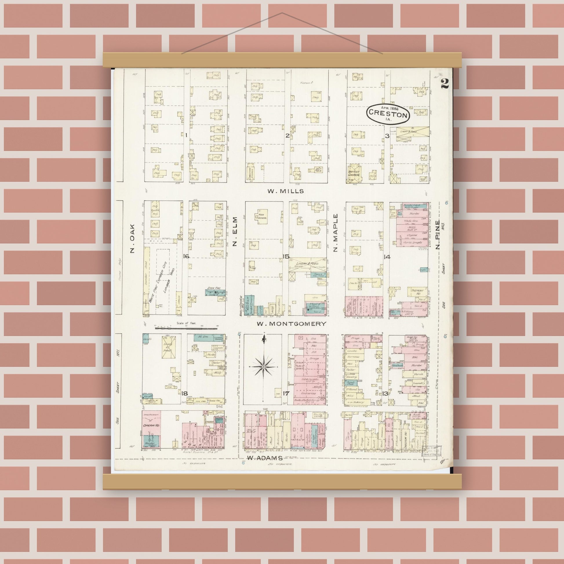 Old map wall art mockup — magnetic wood frame on brick wall — Sanborn Fire Insurance Map from Creston, Union County, Iowa (1886), Sheet #0002