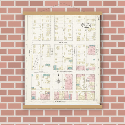 Old map wall art mockup — magnetic wood frame on brick wall — Sanborn Fire Insurance Map from Creston, Union County, Iowa (1886), Sheet #0002