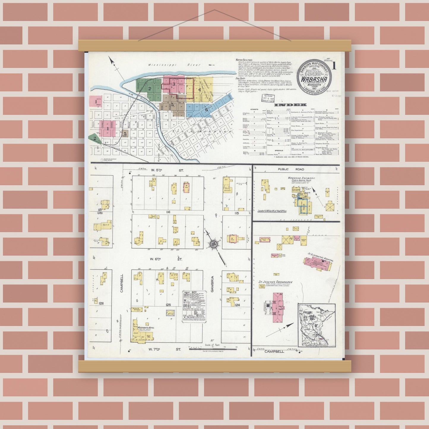 Old map wall art mockup — magnetic wood frame on brick wall — Sanborn Fire Insurance Map from Wabasha, Wabasha County, Minnesota (1917) - Complete Map Set