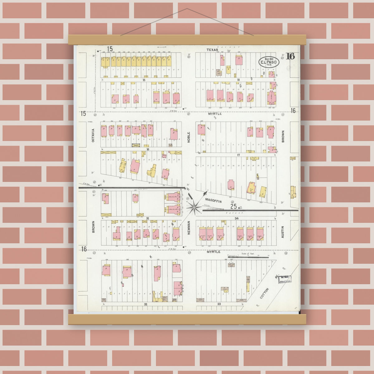 Old map wall art mockup — magnetic wood frame on brick wall — Sanborn Fire Insurance Map from El Paso, El Paso County, Texas (1902), Sheet #0016
