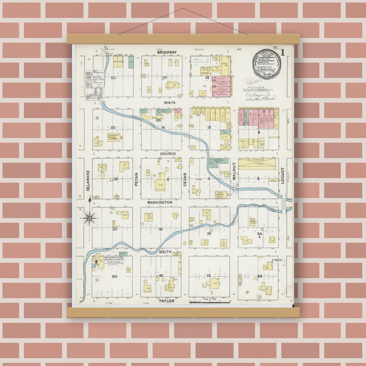 Old map wall art mockup — magnetic wood frame on brick wall — Sanborn Fire Insurance Map from Clarksville, Red River County, Texas (1891) - Complete Map Set