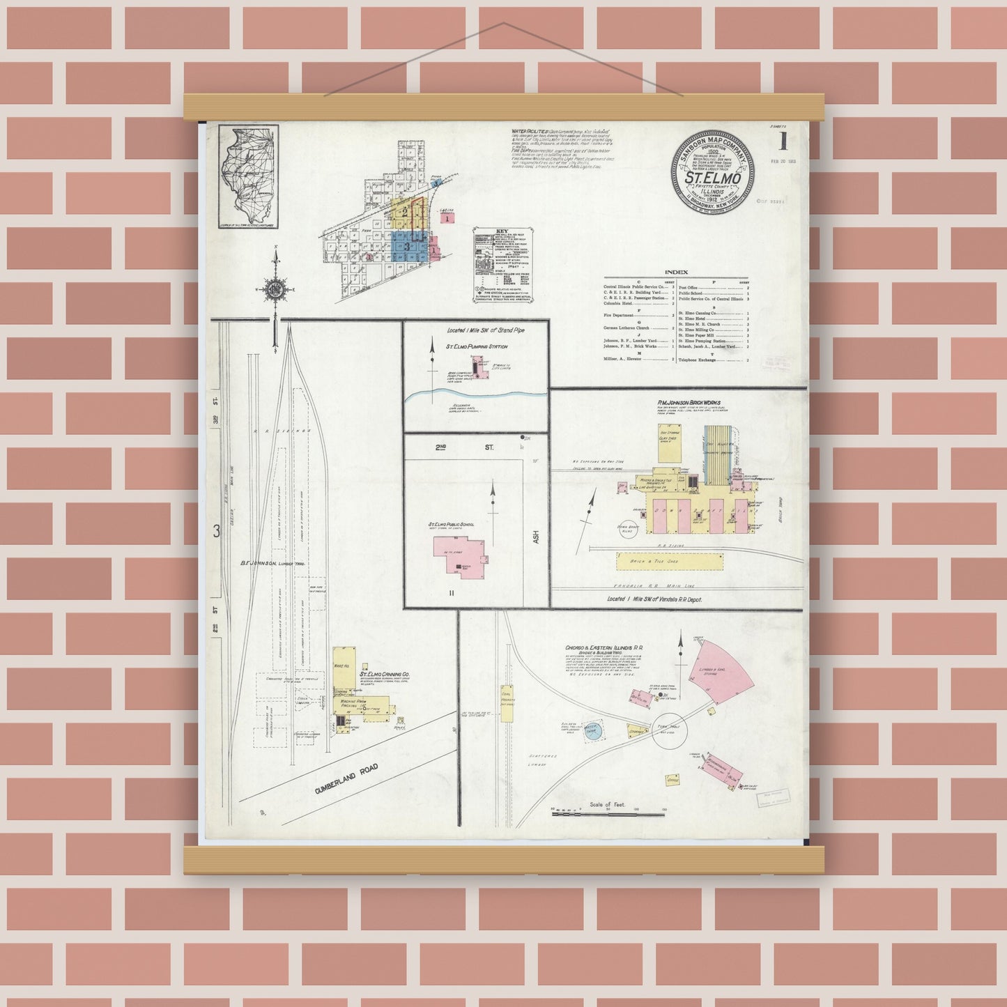 Old map wall art mockup — magnetic wood frame on brick wall — Sanborn Fire Insurance Map from Saint Elmo, Fayette County, Illinois (1912), Sheet #0001