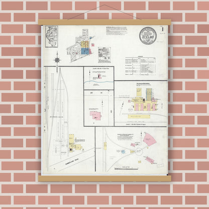 Old map wall art mockup — magnetic wood frame on brick wall — Sanborn Fire Insurance Map from Saint Elmo, Fayette County, Illinois (1912), Sheet #0001