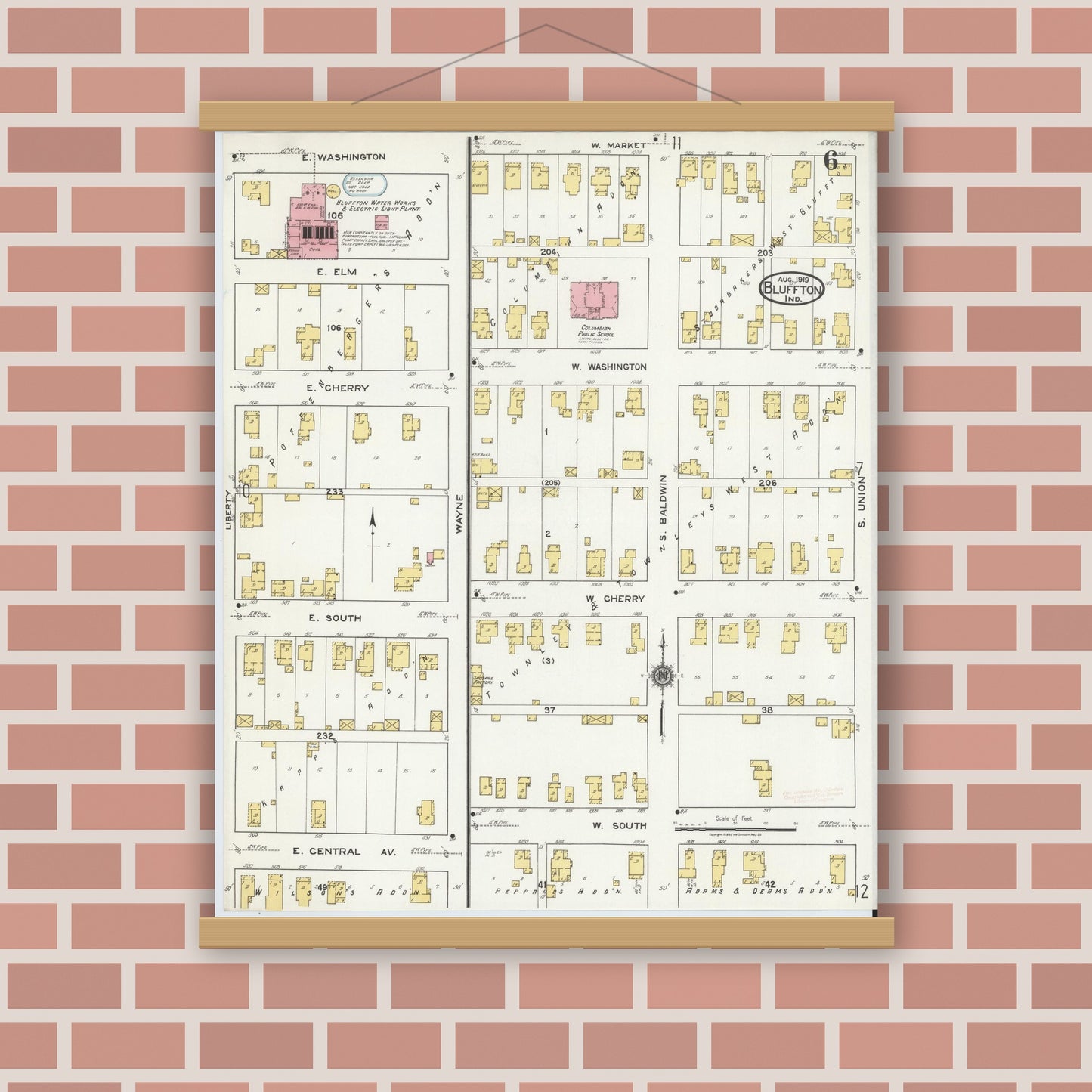Old map wall art mockup — magnetic wood frame on brick wall — Sanborn Fire Insurance Map from Bluffton, Wells County, Indiana (1919), Sheet #0006