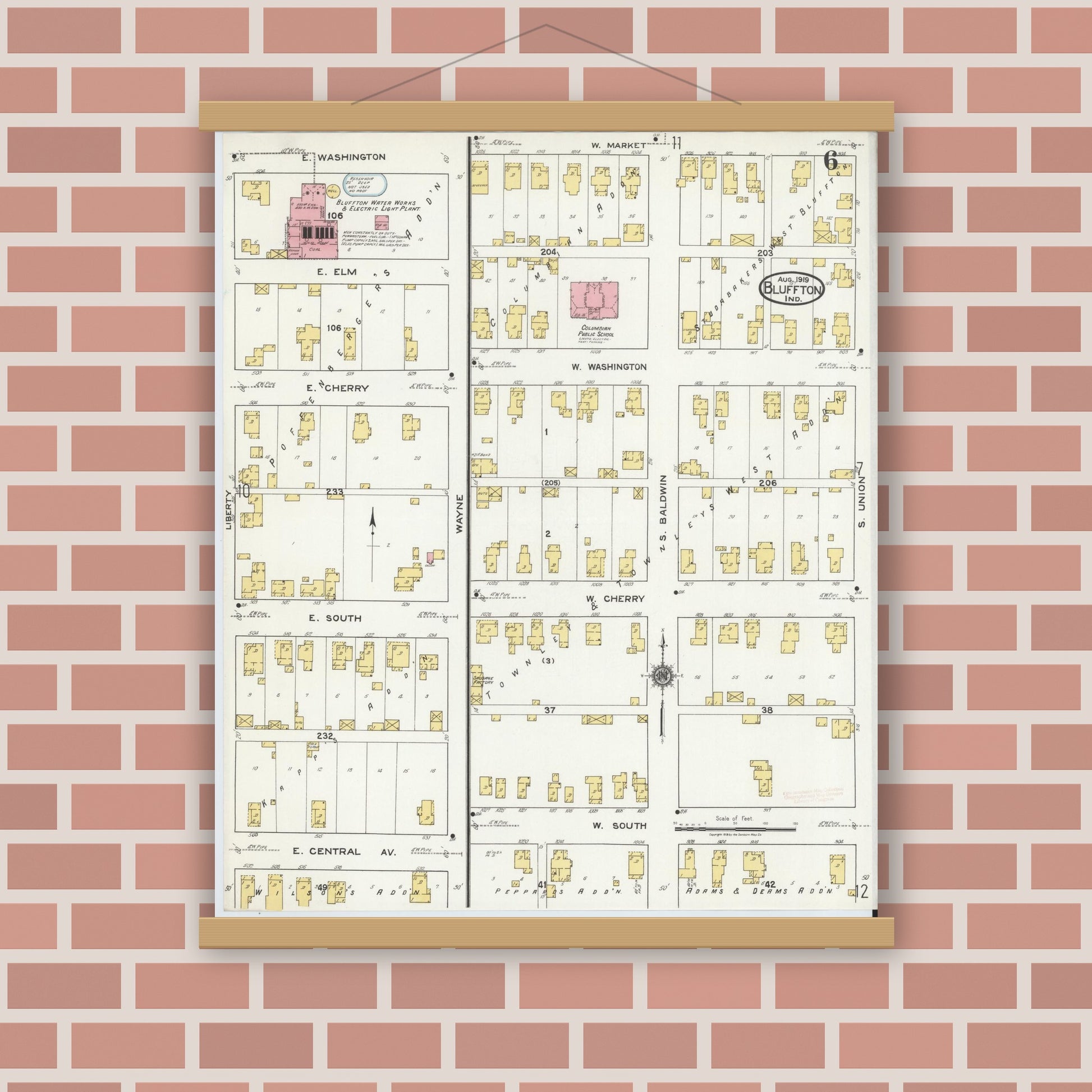 Old map wall art mockup — magnetic wood frame on brick wall — Sanborn Fire Insurance Map from Bluffton, Wells County, Indiana (1919), Sheet #0006