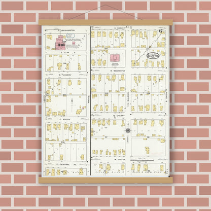 Old map wall art mockup — magnetic wood frame on brick wall — Sanborn Fire Insurance Map from Bluffton, Wells County, Indiana (1919), Sheet #0006