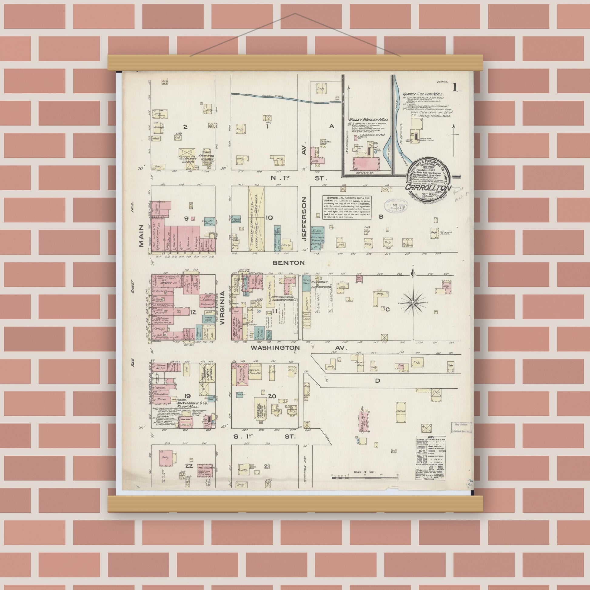 Old map wall art mockup — magnetic wood frame on brick wall — Sanborn Fire Insurance Map from Carrollton, Carroll County, Missouri (1883) - Complete Map Set