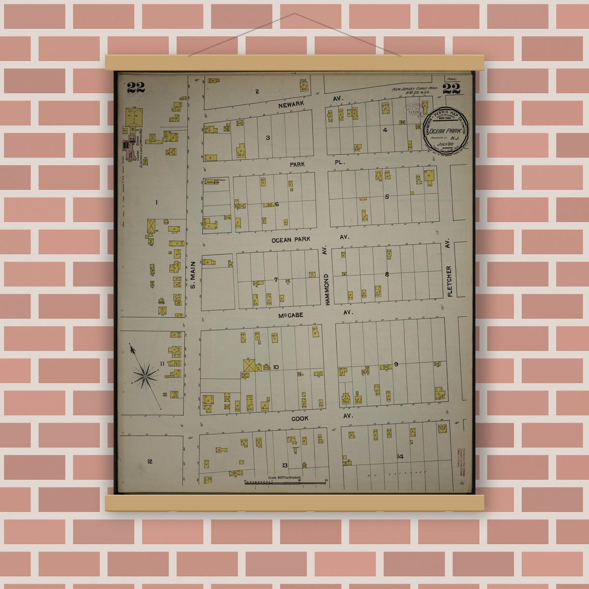 Old map wall art mockup — magnetic wood frame on brick wall — Sanborn Fire Insurance Map from New Jersey Coast, New Jersey Coast, New Jersey (1890), Sheet #0022