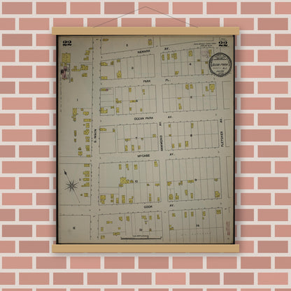 Old map wall art mockup — magnetic wood frame on brick wall — Sanborn Fire Insurance Map from New Jersey Coast, New Jersey Coast, New Jersey (1890), Sheet #0022