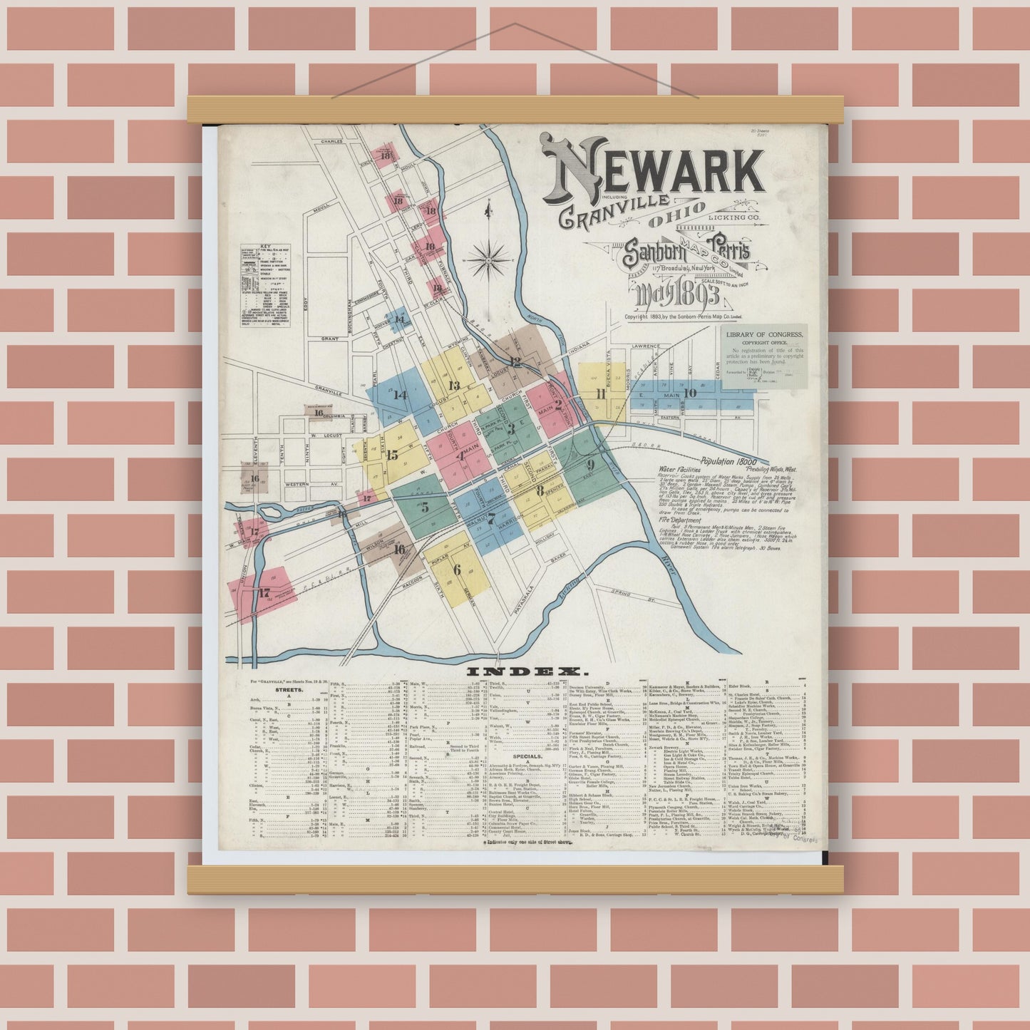 Old map wall art mockup — magnetic wood frame on brick wall — Sanborn Fire Insurance Map from Newark, Licking County, Ohio (1893) - Complete Map Set