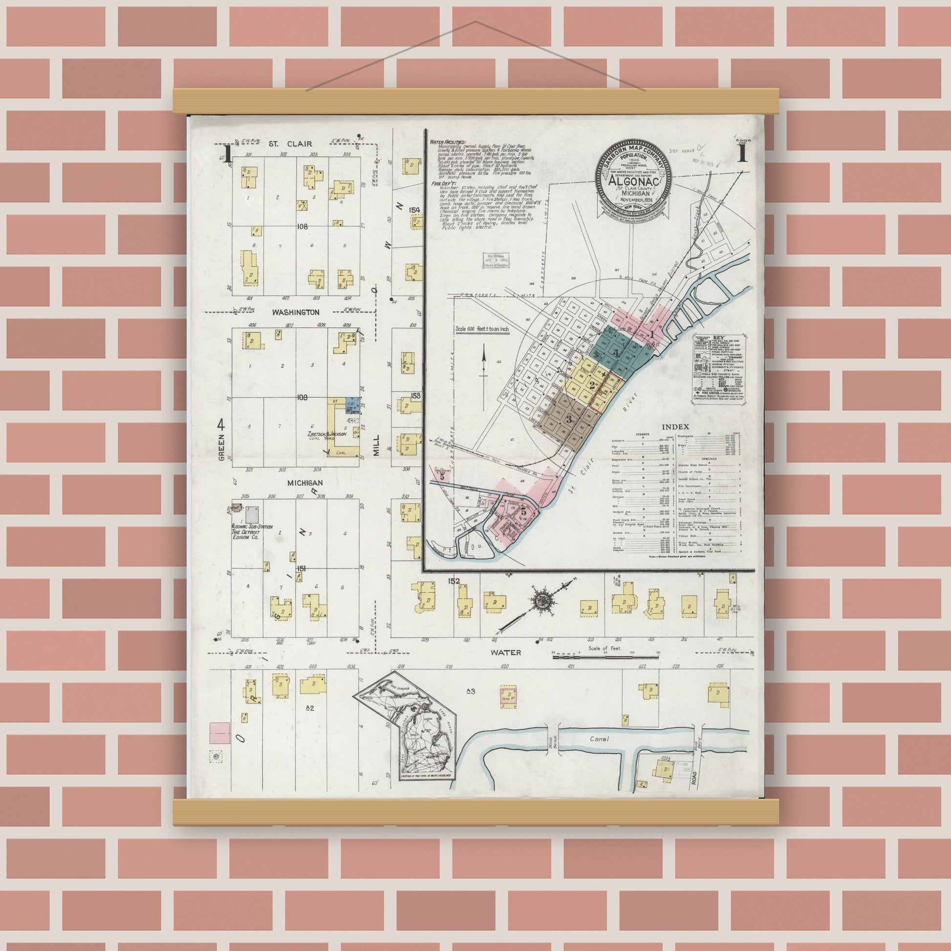 Old map wall art mockup — magnetic wood frame on brick wall — Sanborn Fire Insurance Map from Algonac, Saint Clair County, Michigan (1924) - Complete Map Set