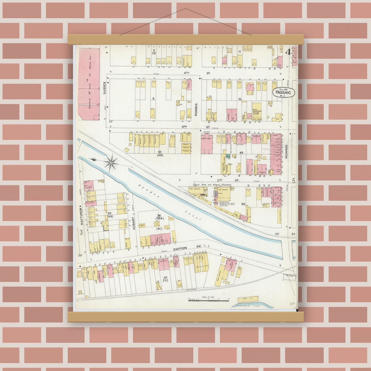 Old map wall art mockup — magnetic wood frame on brick wall — Sanborn Fire Insurance Map from Passaic, Passaic County, New Jersey (1903), Sheet #0004