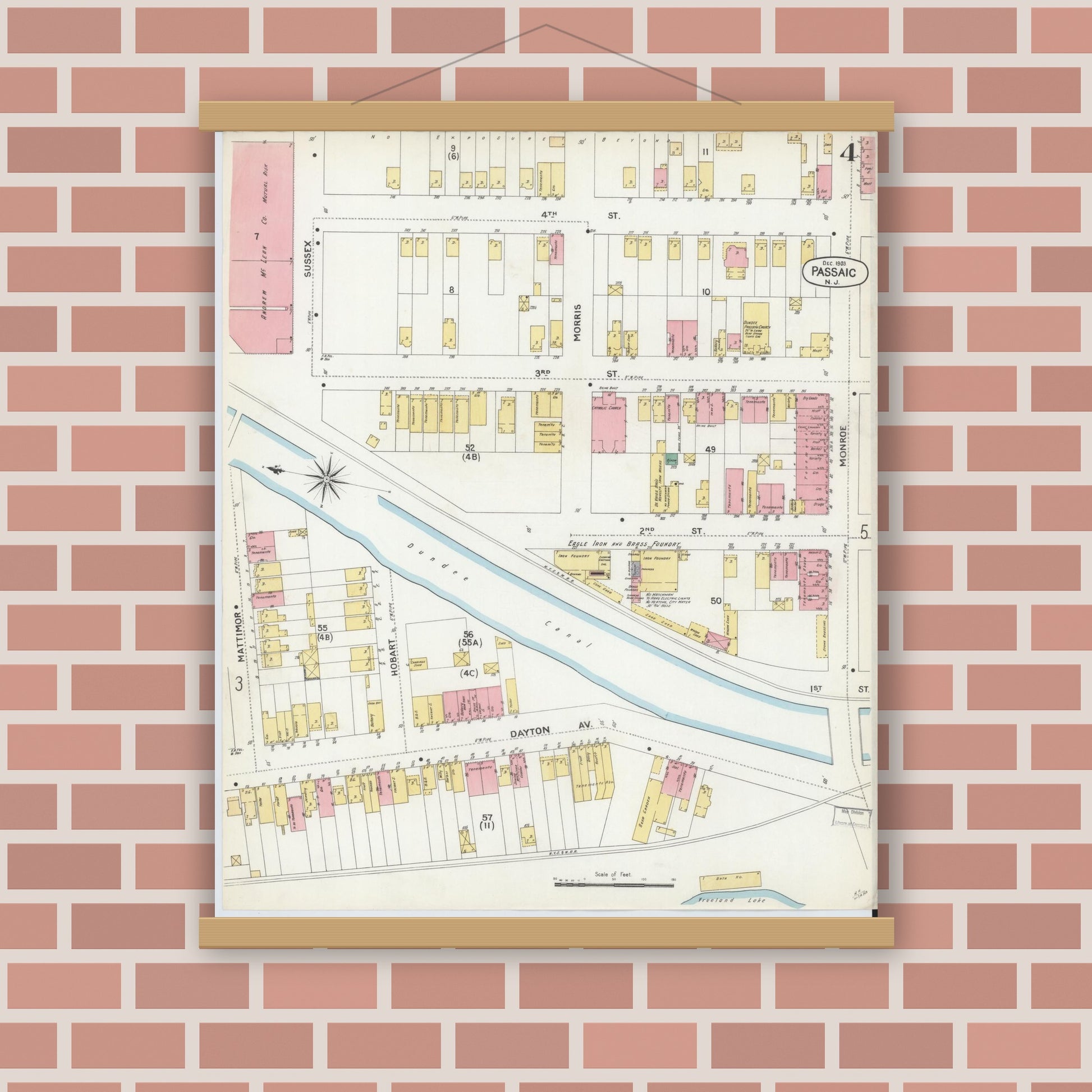 Old map wall art mockup — magnetic wood frame on brick wall — Sanborn Fire Insurance Map from Passaic, Passaic County, New Jersey (1903), Sheet #0004