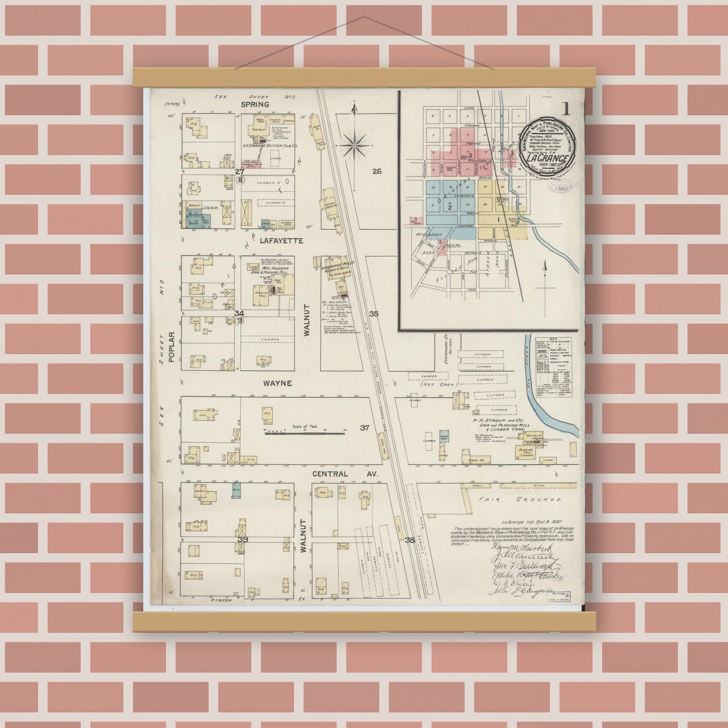 Old map wall art mockup — magnetic wood frame on brick wall — Sanborn Fire Insurance Map from Lagrange, LaGrange County, Indiana (1887), Sheet #0001