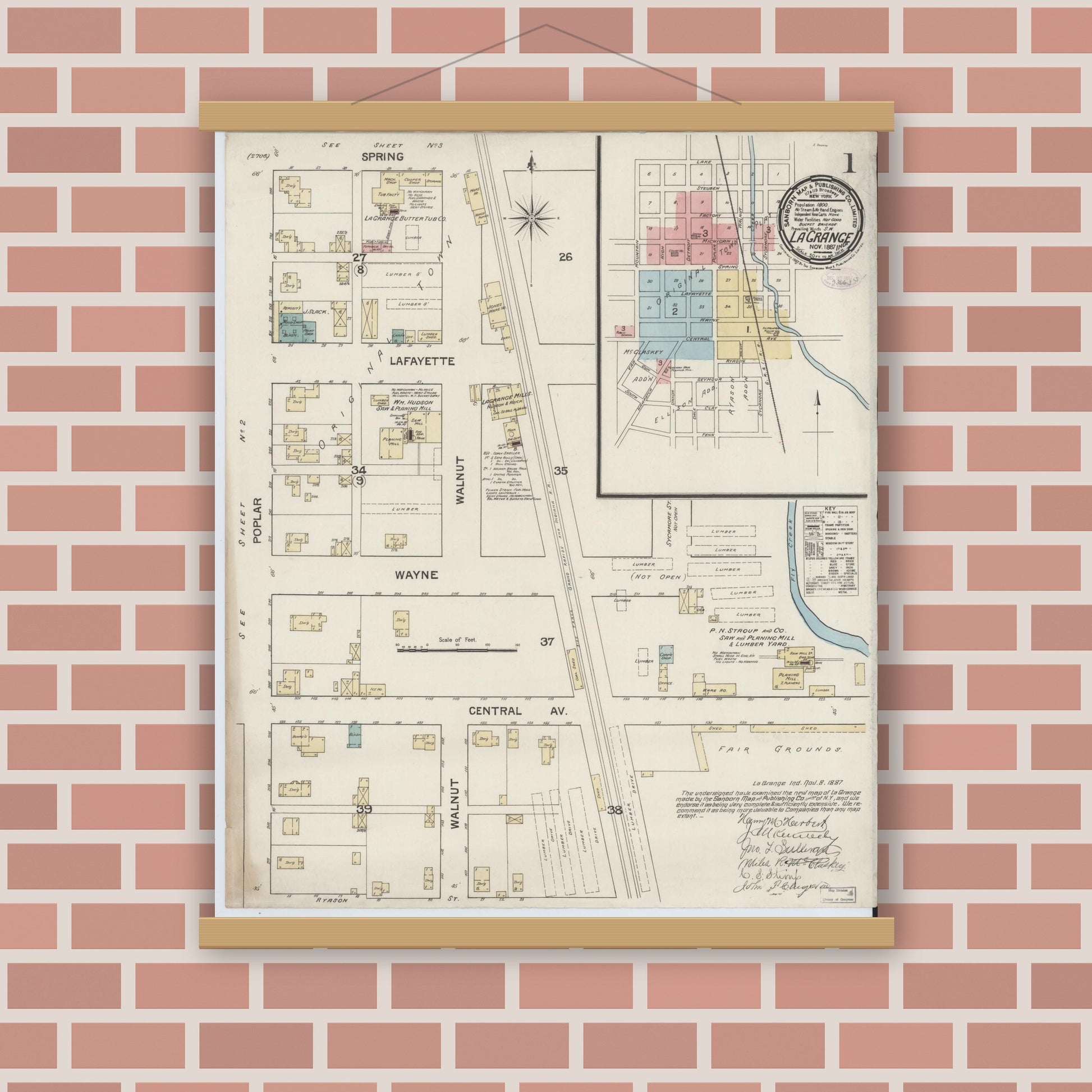 Old map wall art mockup — magnetic wood frame on brick wall — Sanborn Fire Insurance Map from Lagrange, LaGrange County, Indiana (1887), Sheet #0001