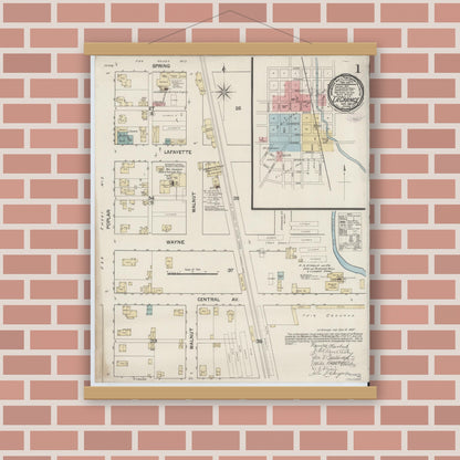 Old map wall art mockup — magnetic wood frame on brick wall — Sanborn Fire Insurance Map from Lagrange, LaGrange County, Indiana (1887), Sheet #0001