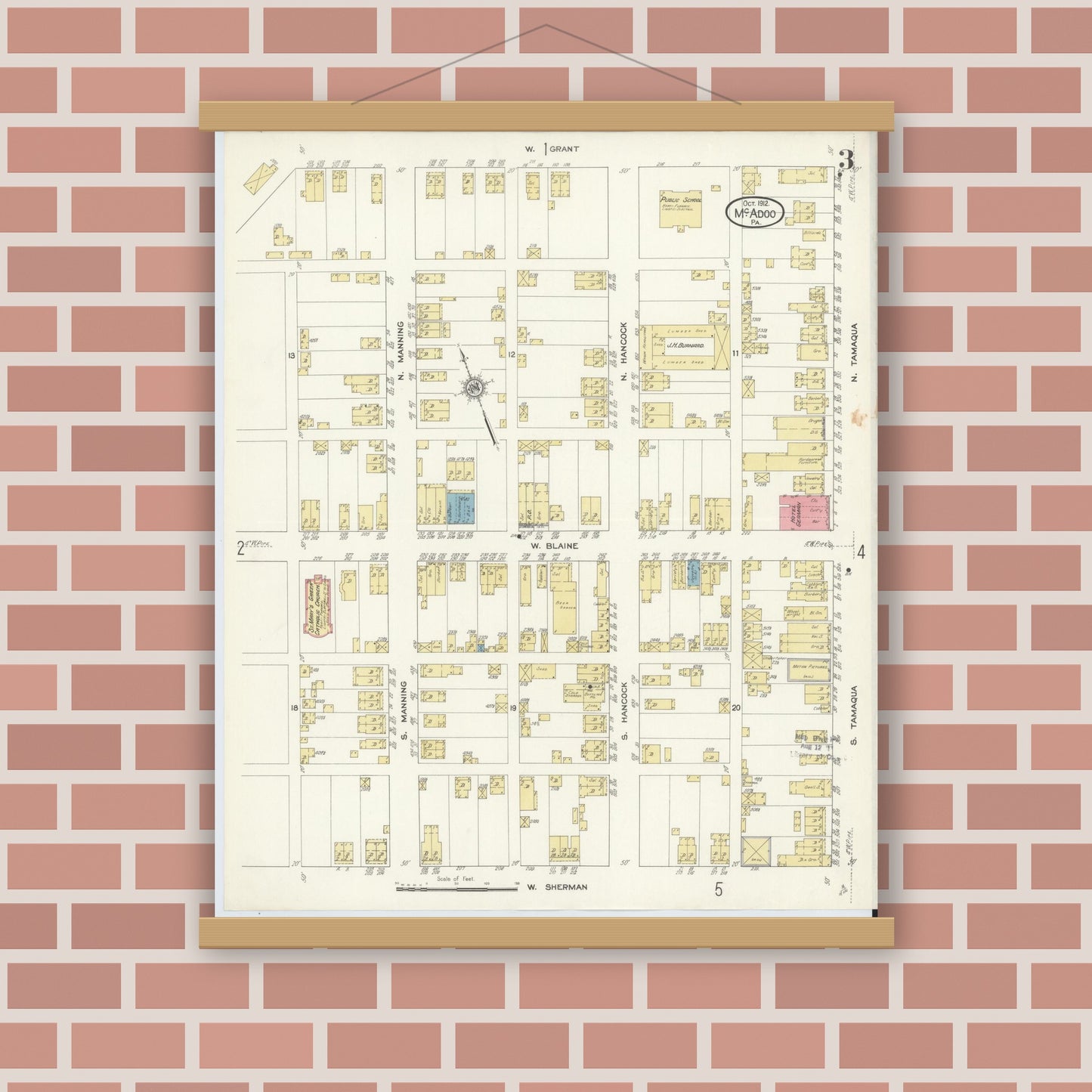 Old map wall art mockup — magnetic wood frame on brick wall — Sanborn Fire Insurance Map from McAdoo, Schuylkill County, Pennsylvania (1912), Sheet #0003