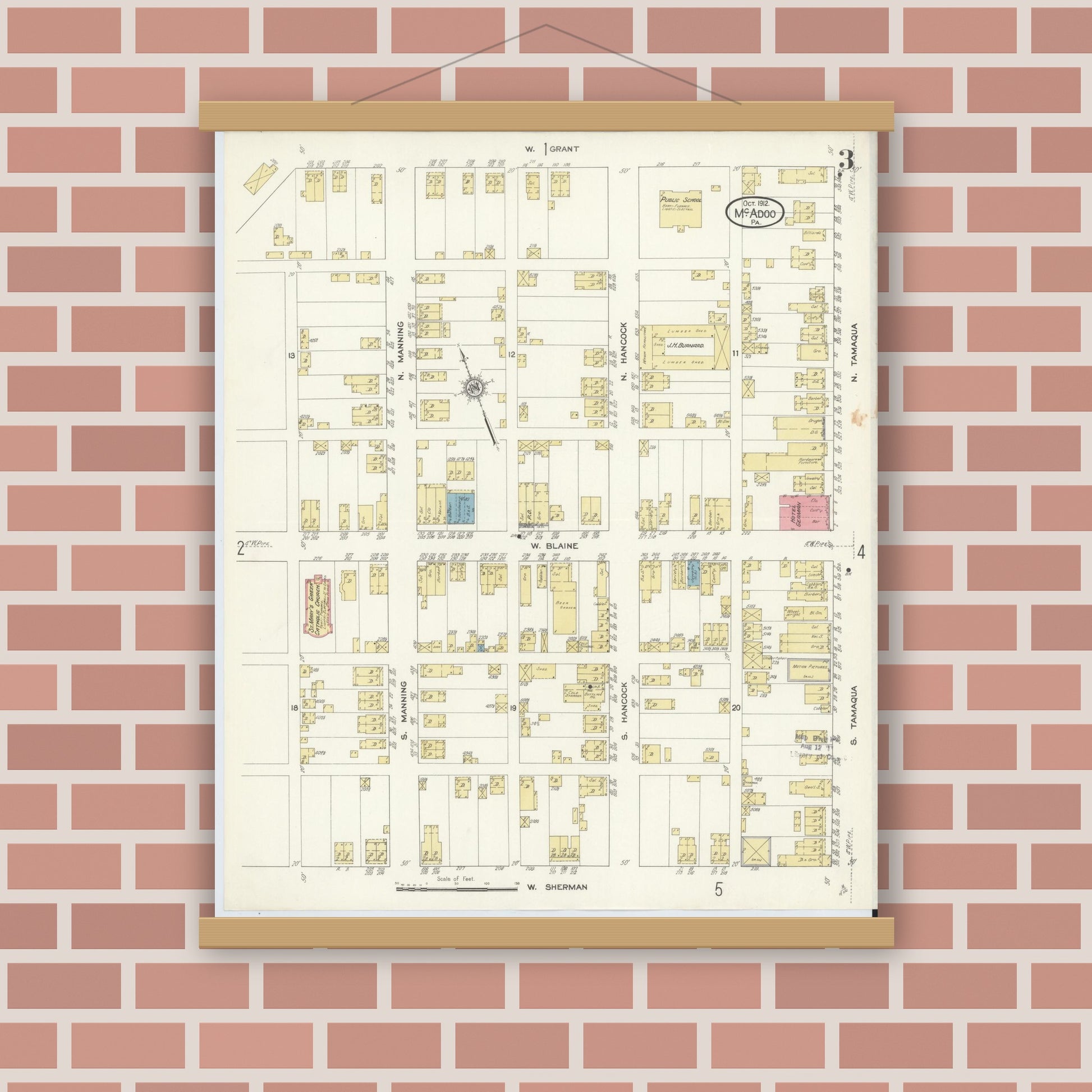 Old map wall art mockup — magnetic wood frame on brick wall — Sanborn Fire Insurance Map from McAdoo, Schuylkill County, Pennsylvania (1912), Sheet #0003