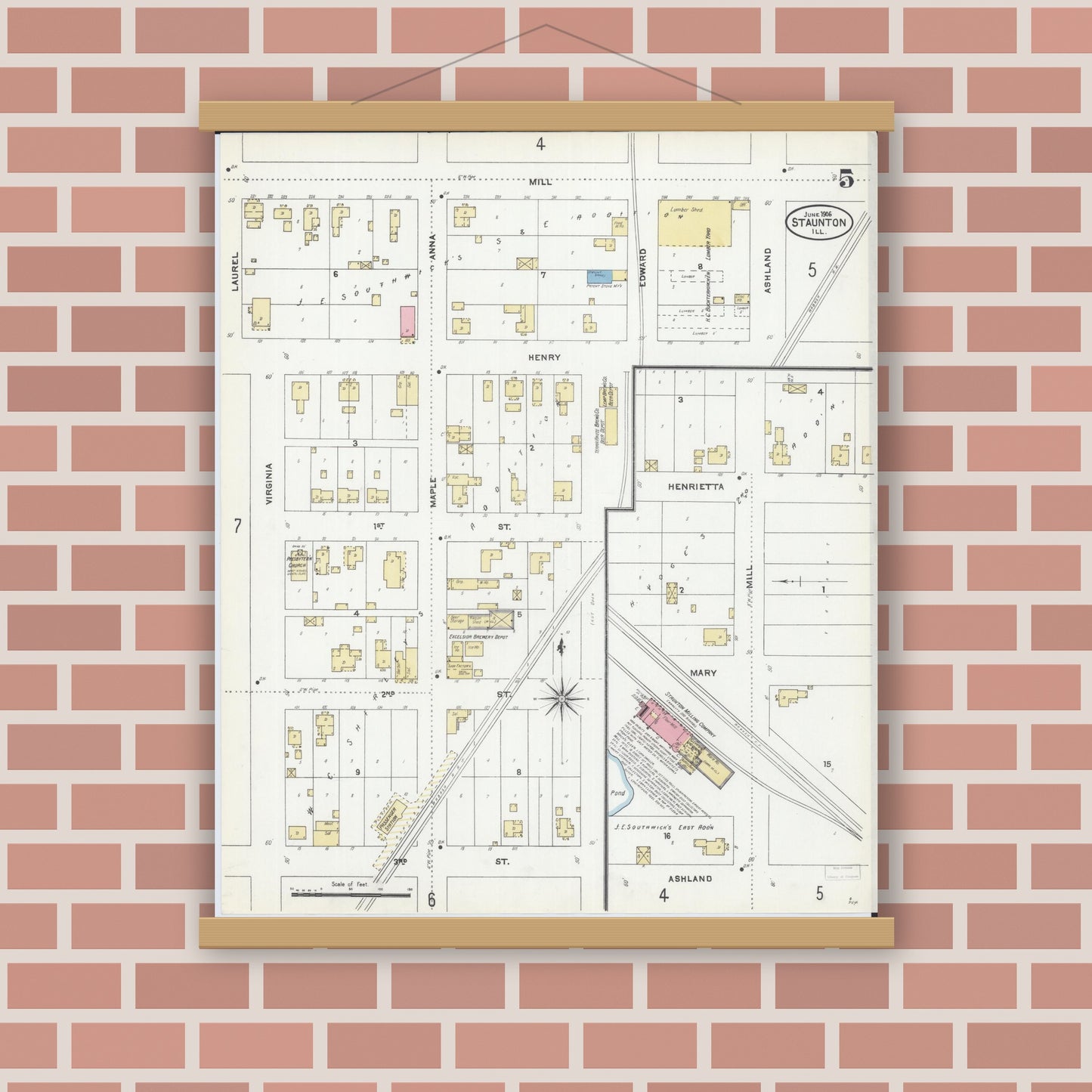 Old map wall art mockup — magnetic wood frame on brick wall — Sanborn Fire Insurance Map from Staunton, Macoupin County, Illinois (1906), Sheet #0005