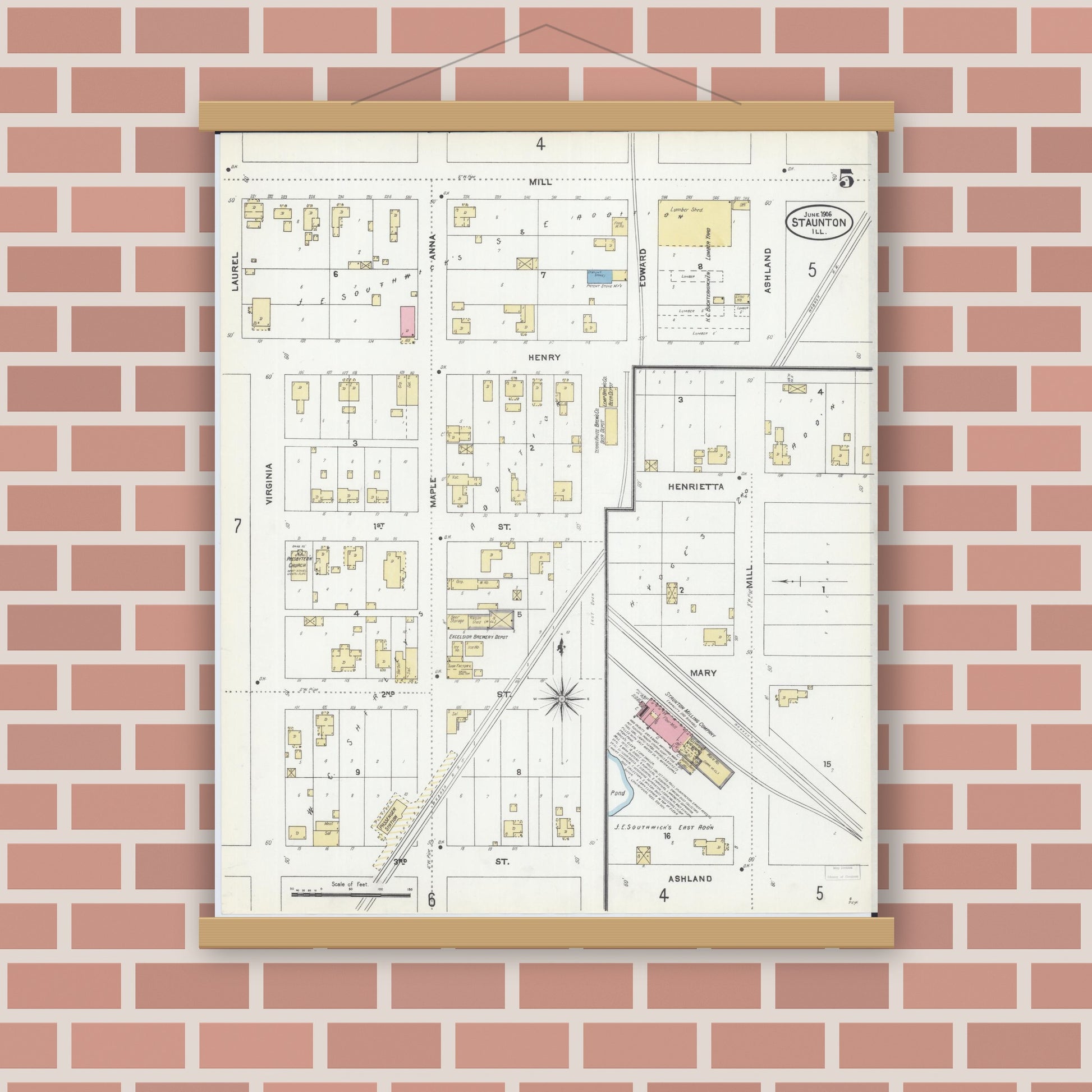 Old map wall art mockup — magnetic wood frame on brick wall — Sanborn Fire Insurance Map from Staunton, Macoupin County, Illinois (1906), Sheet #0005