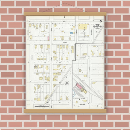 Old map wall art mockup — magnetic wood frame on brick wall — Sanborn Fire Insurance Map from Staunton, Macoupin County, Illinois (1906), Sheet #0005