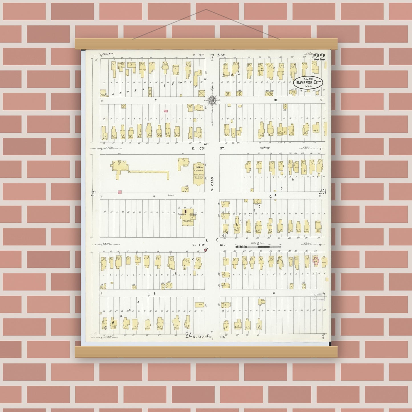 Old map wall art mockup — magnetic wood frame on brick wall — Sanborn Fire Insurance Map from Traverse City, Grand Traverse County, Michigan (1910), Sheet #0022