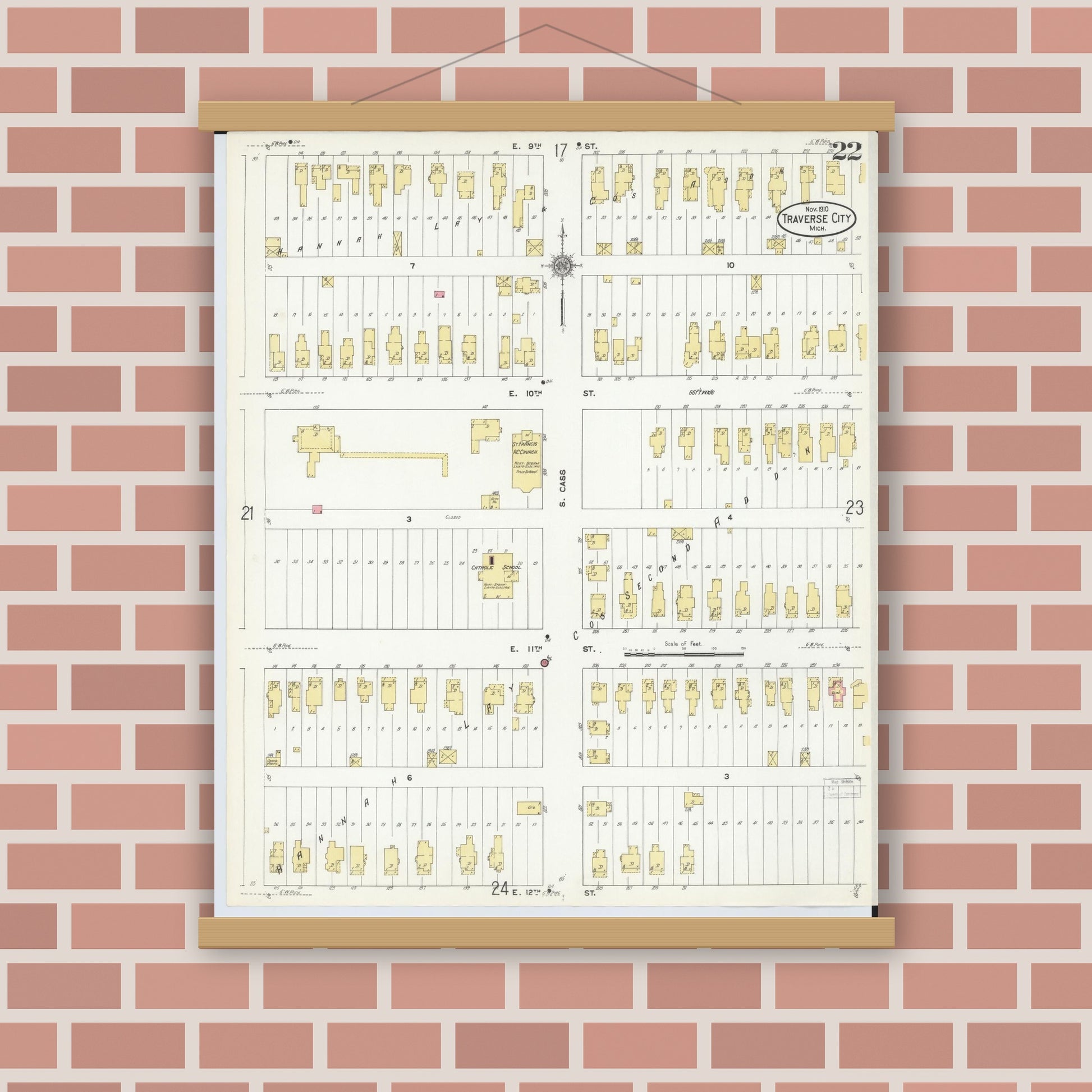 Old map wall art mockup — magnetic wood frame on brick wall — Sanborn Fire Insurance Map from Traverse City, Grand Traverse County, Michigan (1910), Sheet #0022