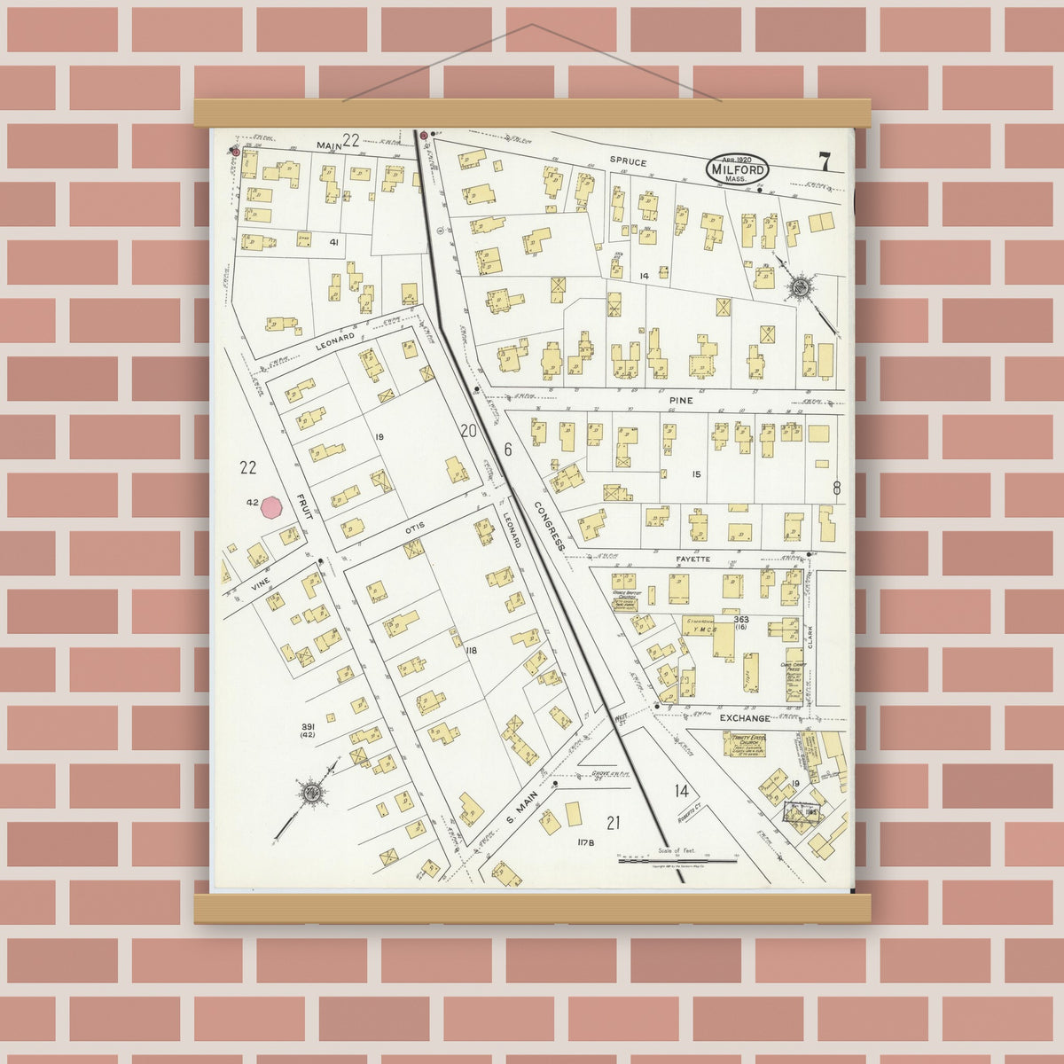 Old map wall art mockup — magnetic wood frame on brick wall — Sanborn Fire Insurance Map from Milford, Worcester County, Massachusetts (1920), Sheet #0007