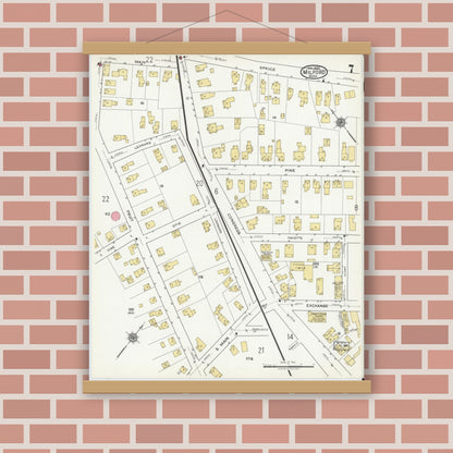 Old map wall art mockup — magnetic wood frame on brick wall — Sanborn Fire Insurance Map from Milford, Worcester County, Massachusetts (1920), Sheet #0007