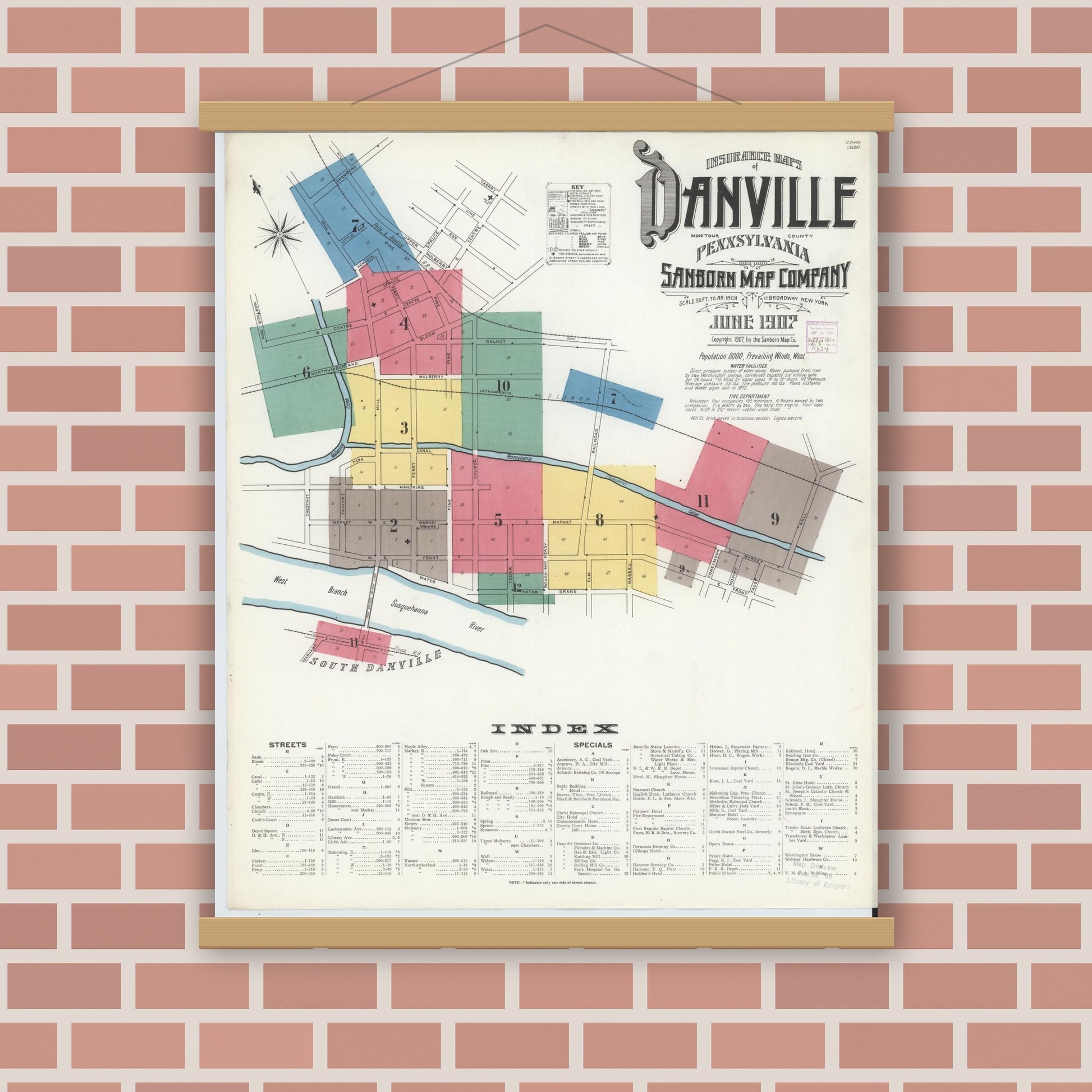 Old map wall art mockup — magnetic wood frame on brick wall — Sanborn Fire Insurance Map from Danville, Montour County, Pennsylvania (1907) - Complete Map Set