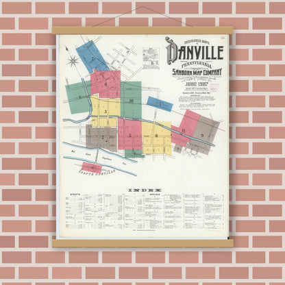 Old map wall art mockup — magnetic wood frame on brick wall — Sanborn Fire Insurance Map from Danville, Montour County, Pennsylvania (1907) - Complete Map Set