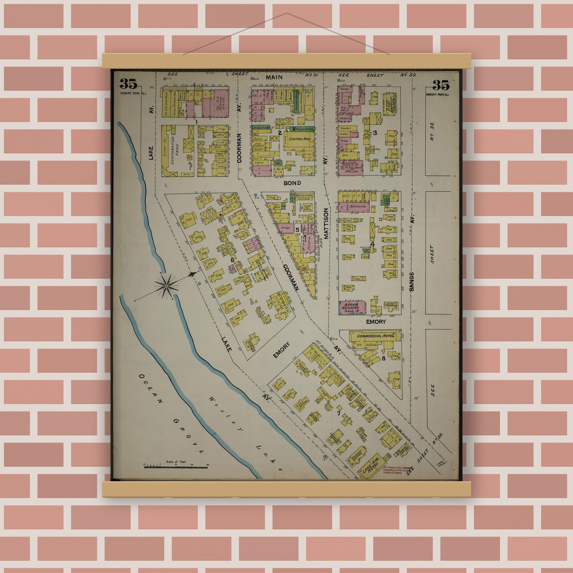Old map wall art mockup — magnetic wood frame on brick wall — Sanborn Fire Insurance Map from New Jersey Coast, New Jersey Coast, New Jersey (1890), Sheet #0035