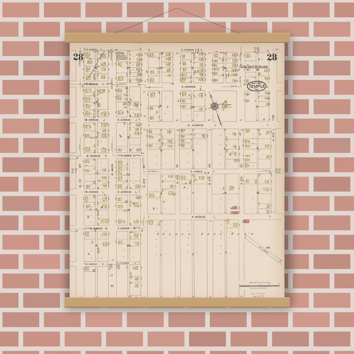 Old map wall art mockup — magnetic wood frame on brick wall — Sanborn Fire Insurance Map from Temple, Bell County, Texas (1922), Sheet #0028
